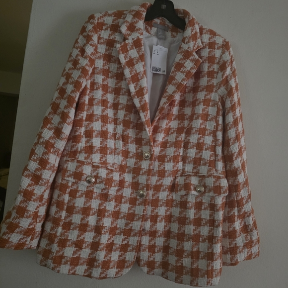 H&M Set Hounstooth Blazer S + Faux Wrap Mini Skirt 14 Orang/white Patterned Nwt - Picture 4 of 10